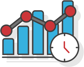 A bar and line chart of live viewer engagement beside a clock