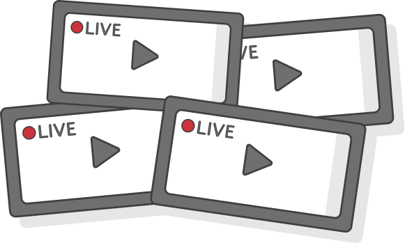 Four live video players stacked as separate channels
