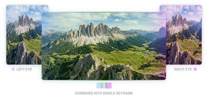 A mountain valley shown as separate left-eye and right-eye frames, combined into a single 3D spatial frame