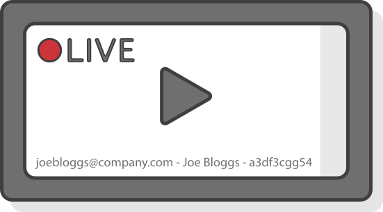 A live video player watermarked with the viewer's email address and name