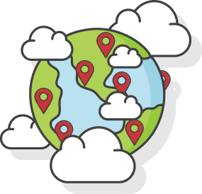 A globe with location pins across several continents